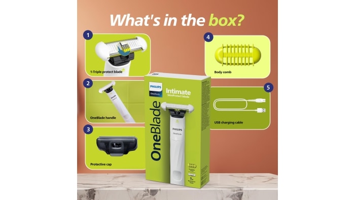 Image showing all items included with Philips OneBlade Intimate: triple protect blade, handle, protective cap, body comb, and USB charging cable.